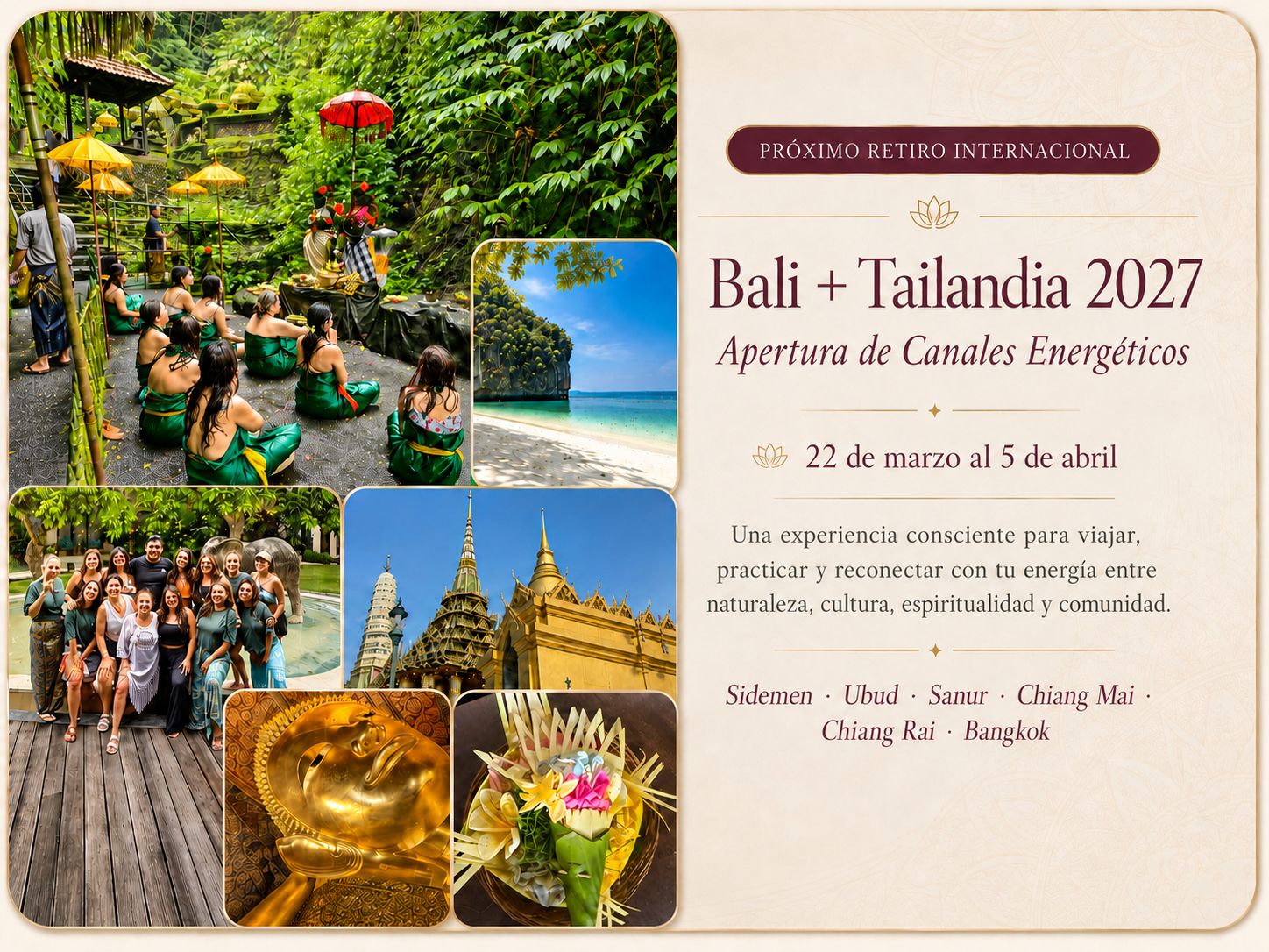 Retiro Consciente Bali y Tailandia 2027 del 22 de marzo al 5 de abril con Radiant Light Yogi.